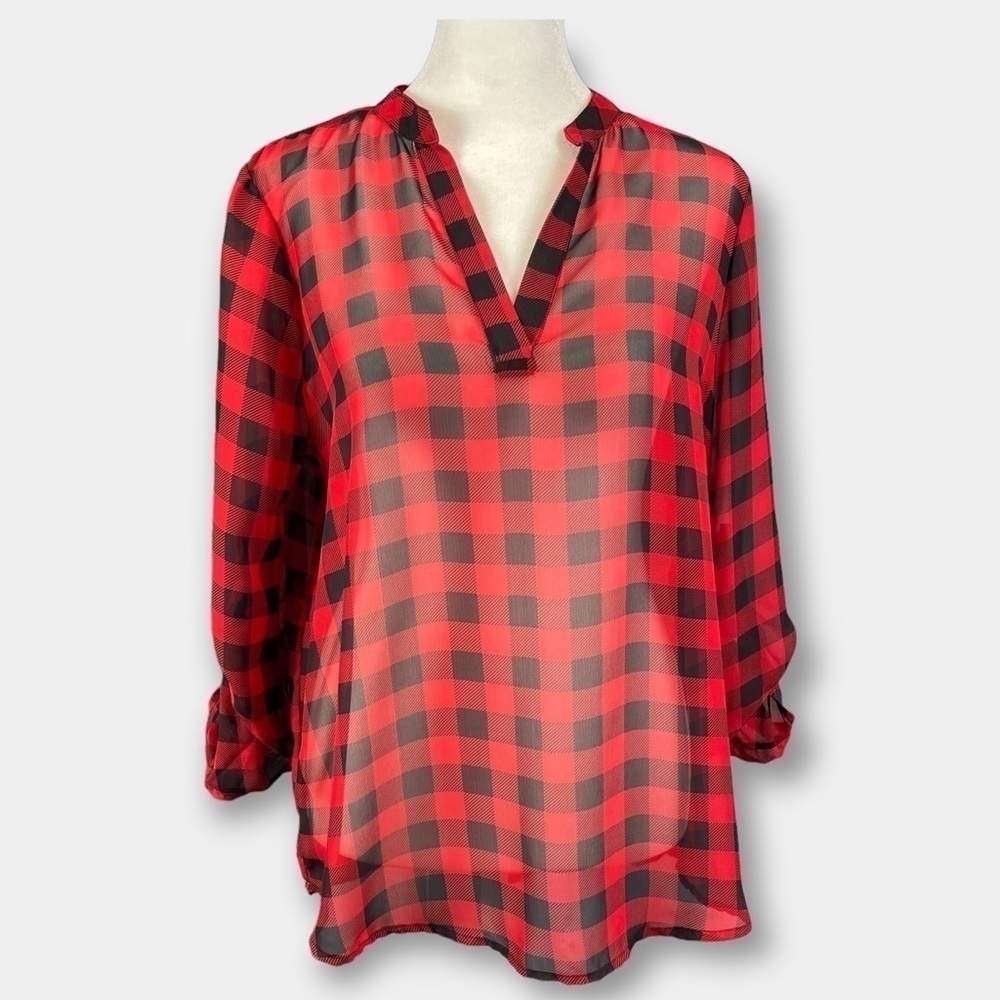 Buffalo Plaid Sheer Chiffon Blouse Top Size 7 - 9 Juniors